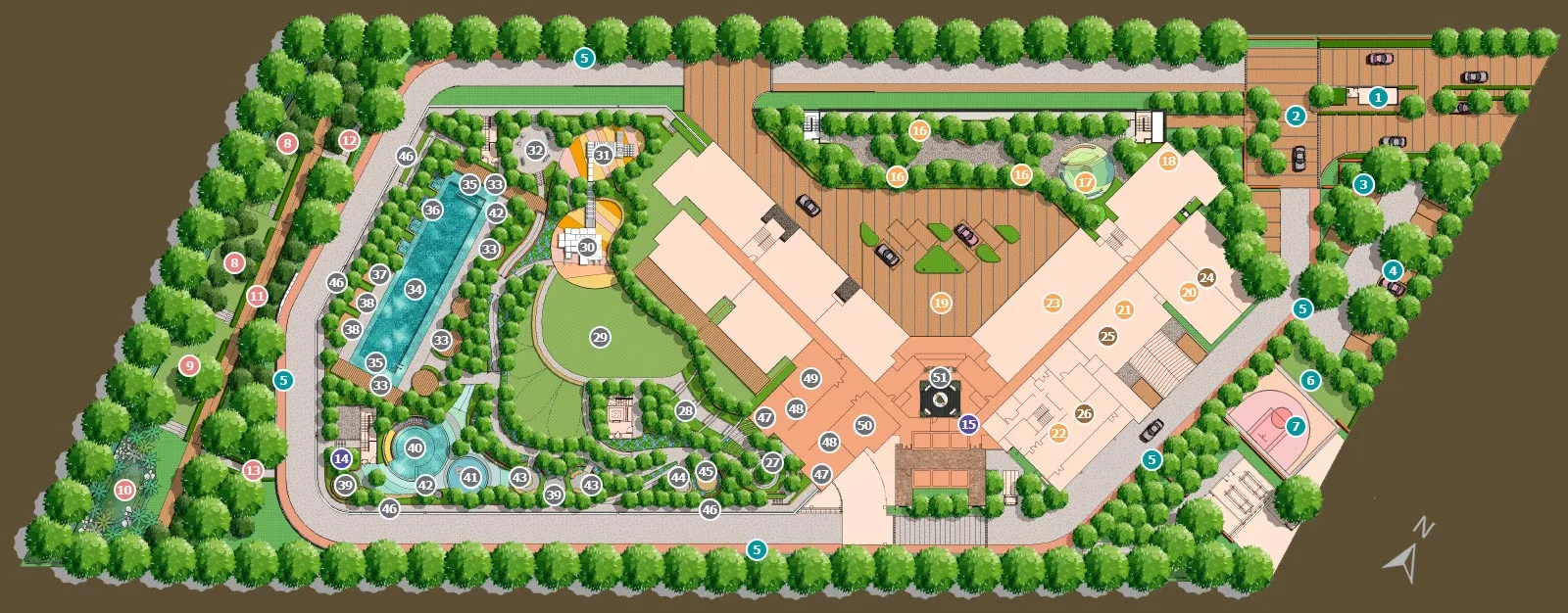 Papyrus North Kiara official facilities site plan showing all 51 numbered facilities across six levels