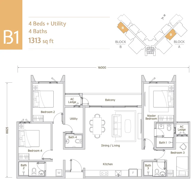 Papyrus North Kiara B1 型官方户型图，吉隆坡 Jalan Dutamas Dahlia