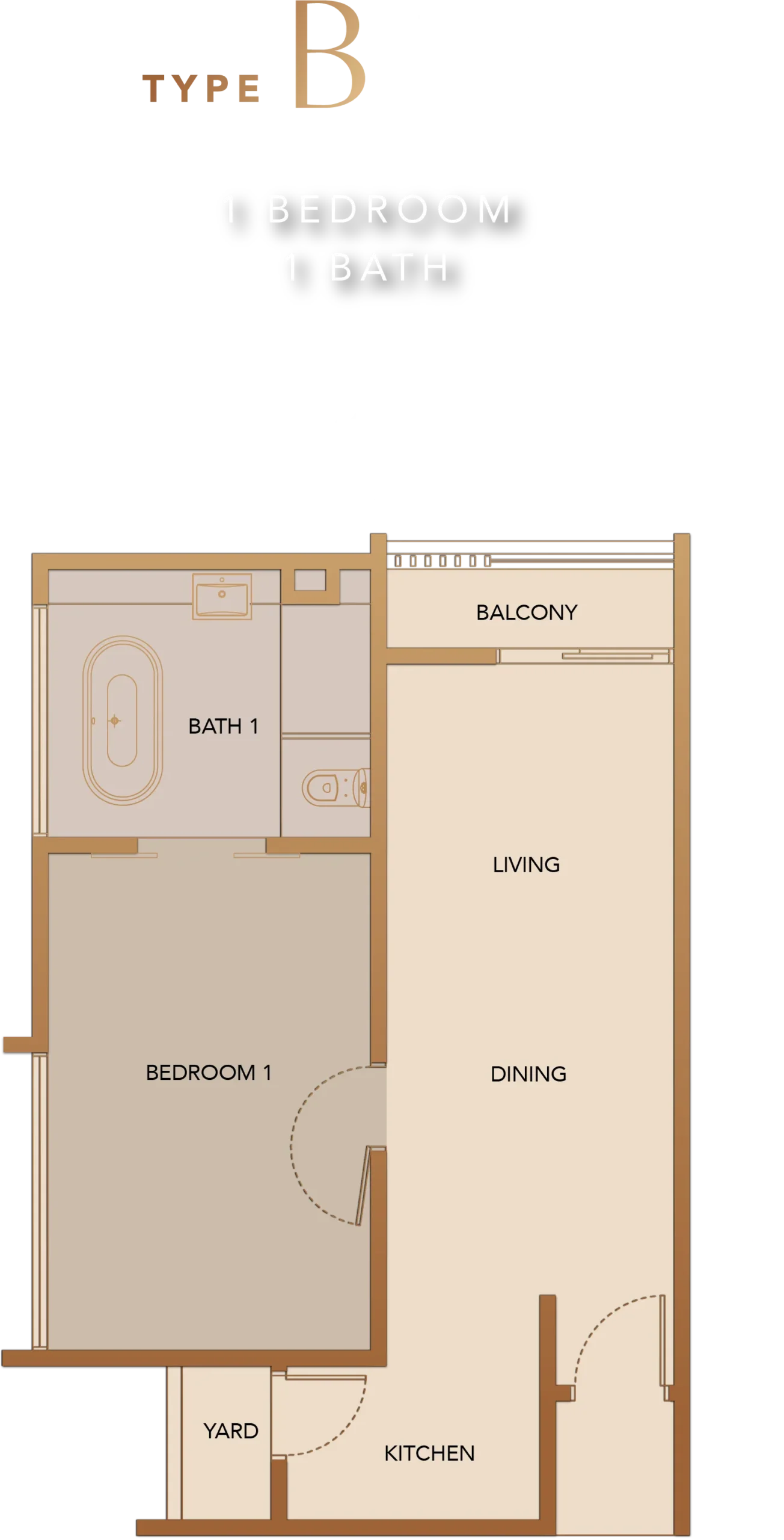 Paragon Signature Suites Type B floor plan - 649 sq ft one-bedroom layout with bathtub, Johor Bahru