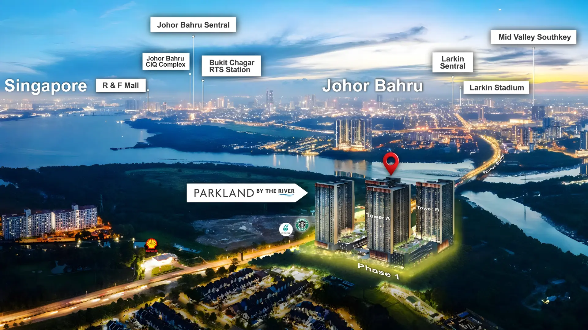 Developer's location master map for Parkland By The River showing distances to the CIQ, RTS Bukit Chagar and Permas Jaya amenities, Johor Bahru