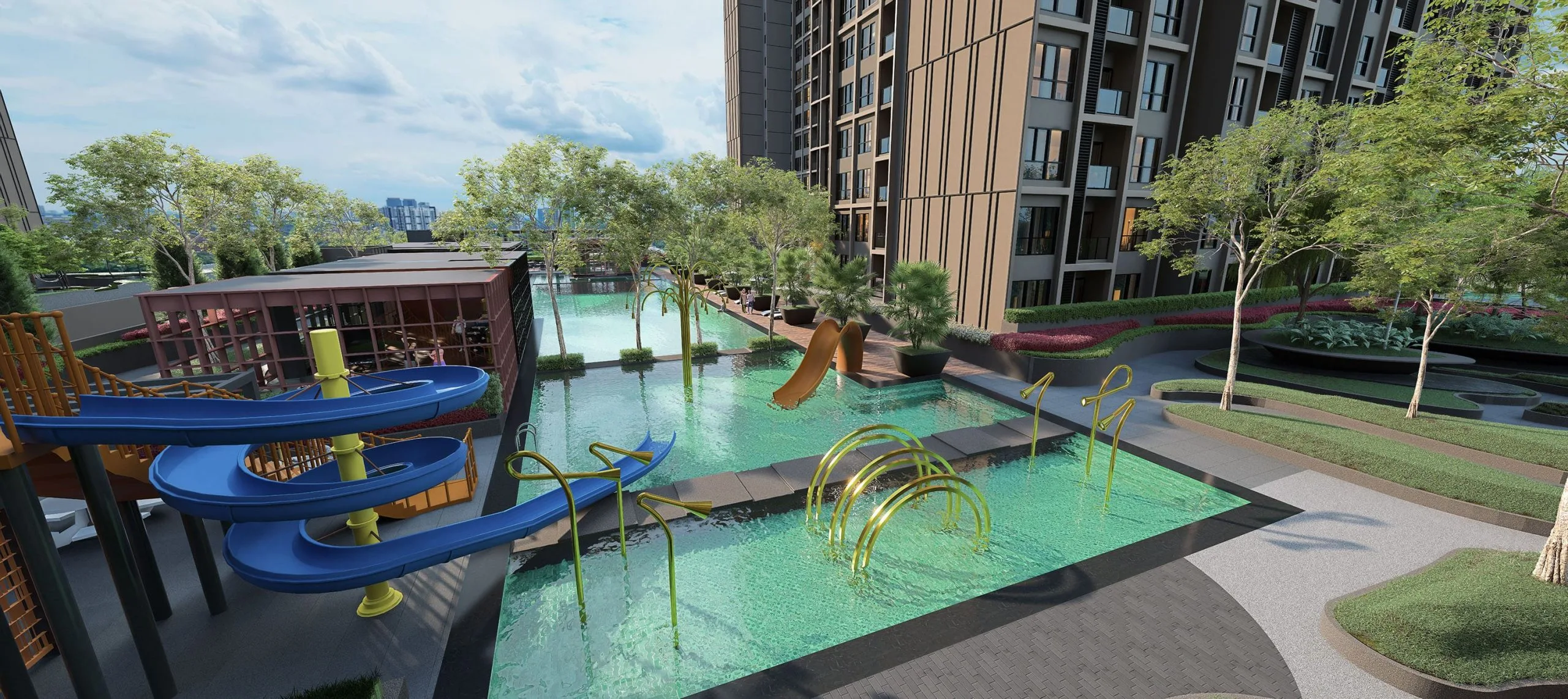 Play pool and water deck on the podium floor at Parkland By The River, Bandar Baru Permas Jaya, Johor Bahru