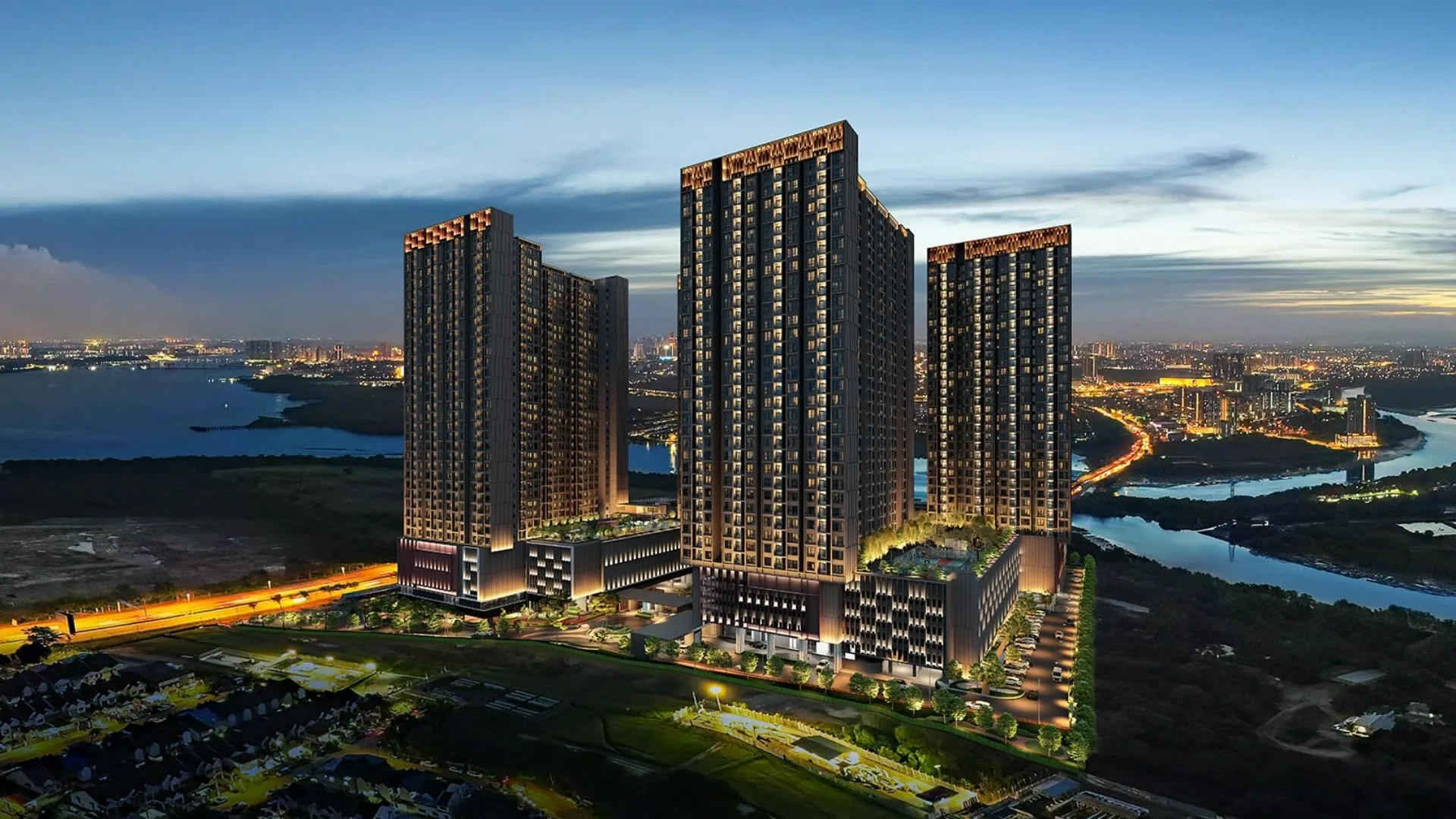 Parkland By The River towers seen from the Tebrau River side, Bandar Baru Permas Jaya, Johor Bahru