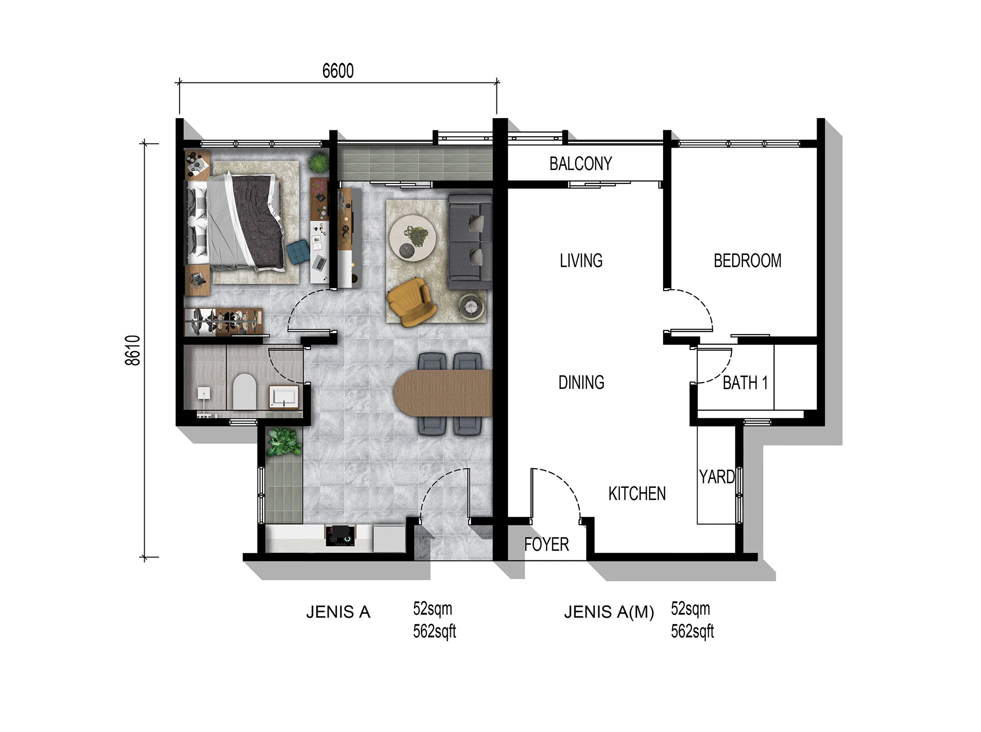 Parkland By The River Type A floor plan — 562 sq ft one-bedroom serviced apartment, Bandar Baru Permas Jaya, Johor Bahru