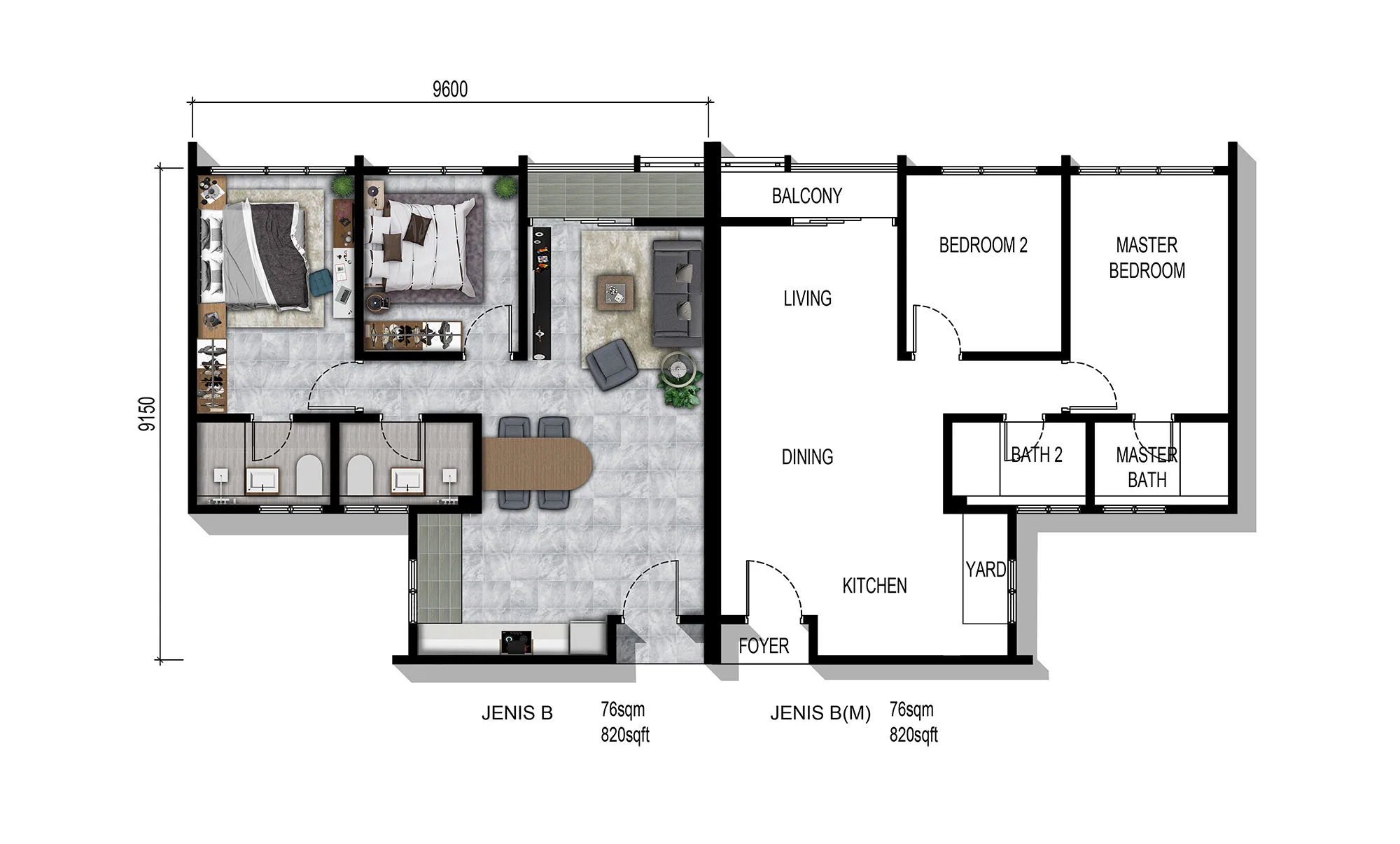 Parkland By The River Type B floor plan — 820 sq ft two-bedroom serviced apartment, Bandar Baru Permas Jaya, Johor Bahru
