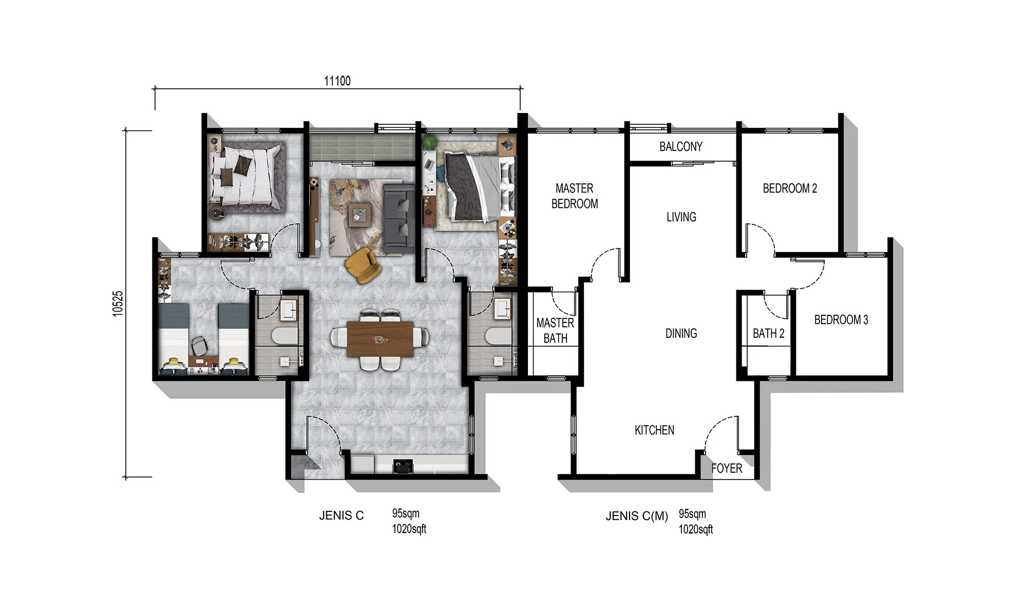 Parkland By The River Type C floor plan — 1,020 sq ft three-bedroom serviced apartment, Bandar Baru Permas Jaya, Johor Bahru