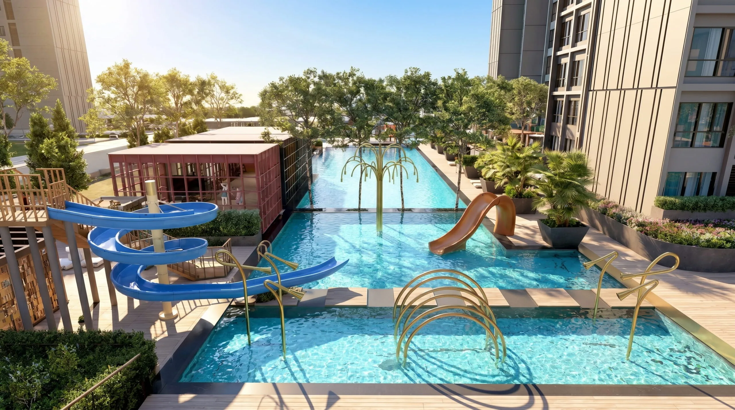 Water slide beside the podium pool at Parkland By The River, Bandar Baru Permas Jaya, Johor Bahru