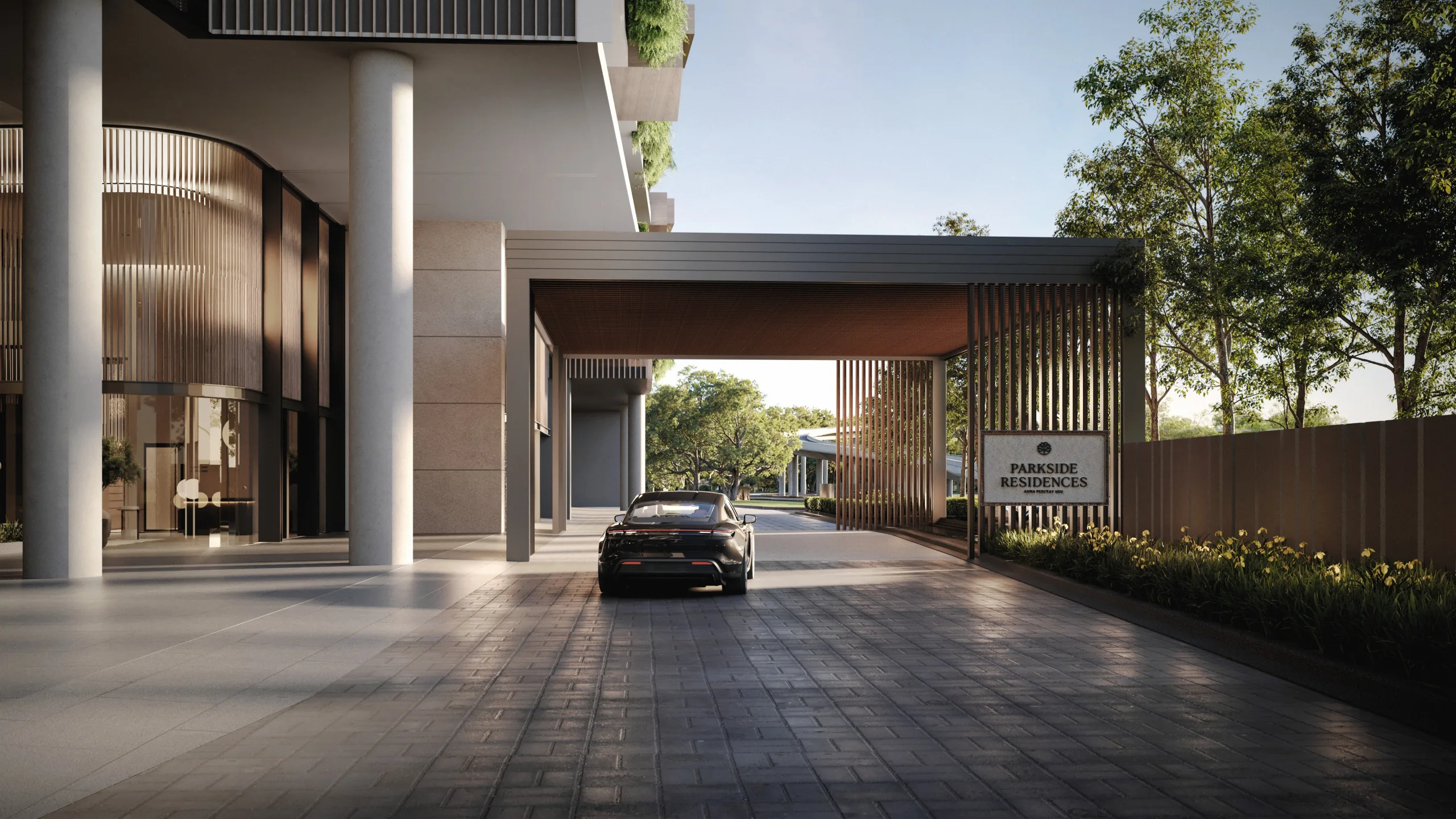 Ground-floor drop-off court with garden terrace and cascading water feature at Parkside Residences @ Setia Federal Hill, Bangsar, Kuala Lumpur