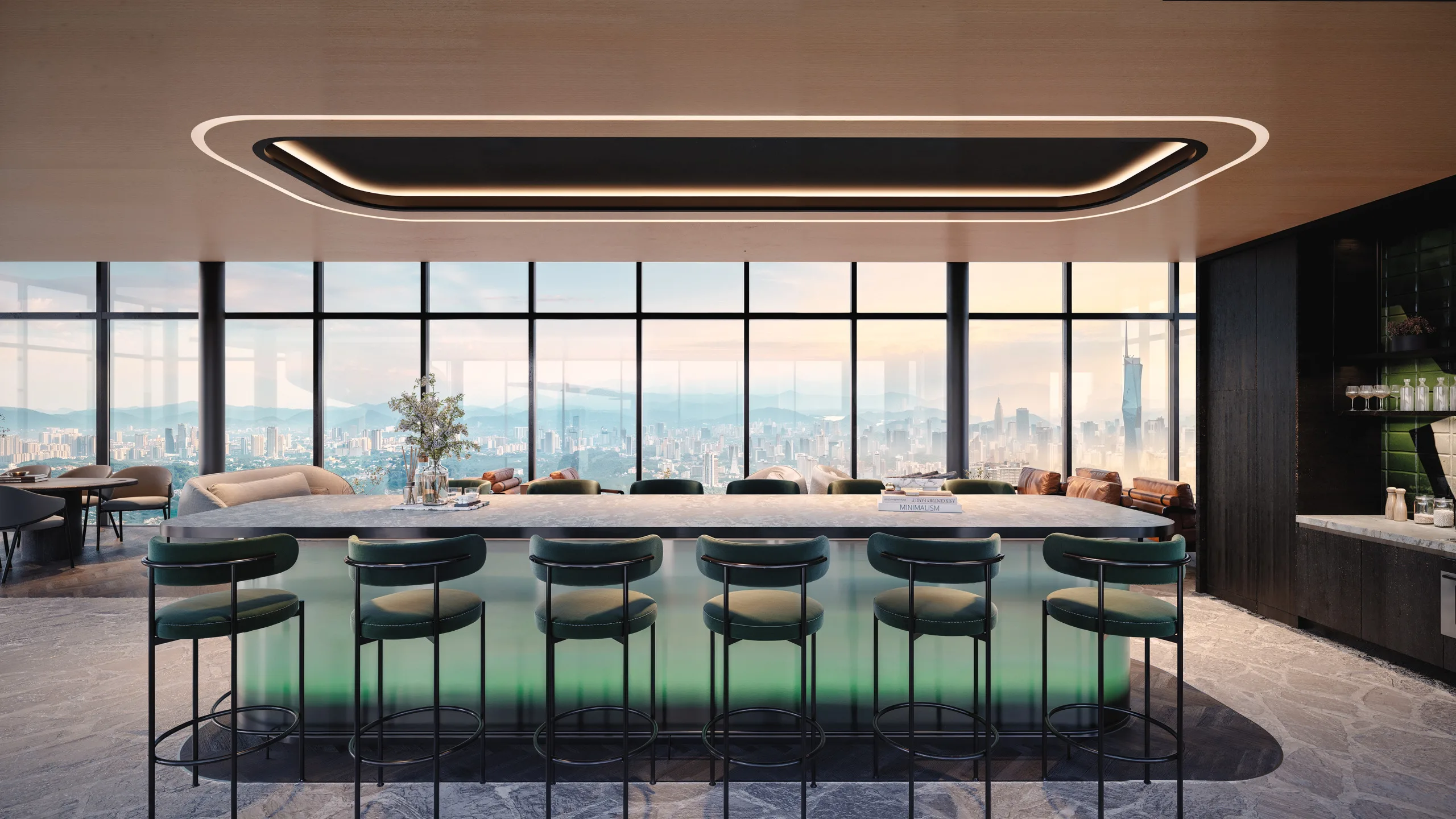Parkside Sky lounge on Level 61 with panoramic views over Bangsar and the Kuala Lumpur skyline at Setia Federal Hill