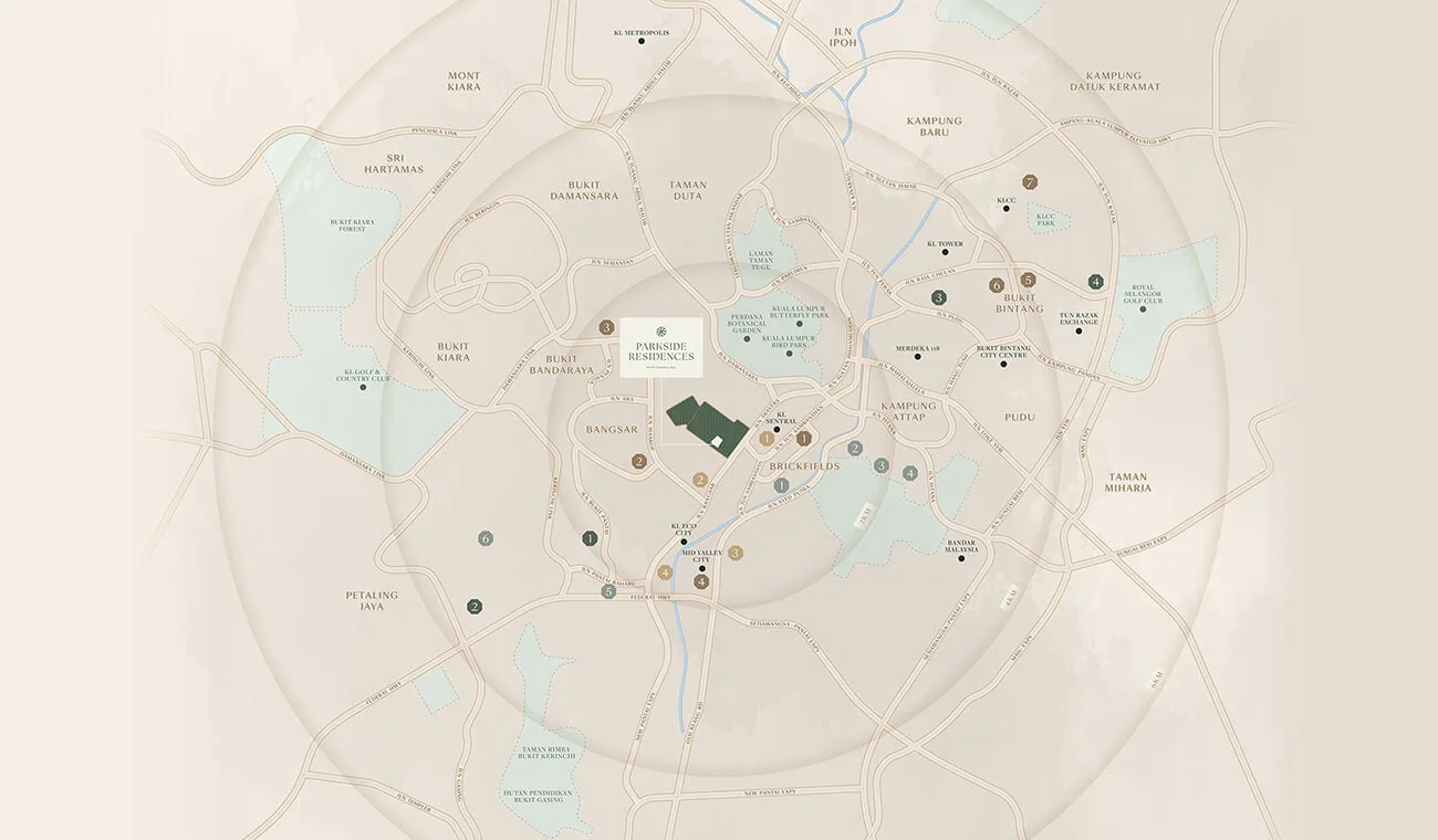 S P Setia's own location map for Parkside Residences @ Setia Federal Hill showing Bangsar LRT, KL Sentral and surrounding Kuala Lumpur landmarks