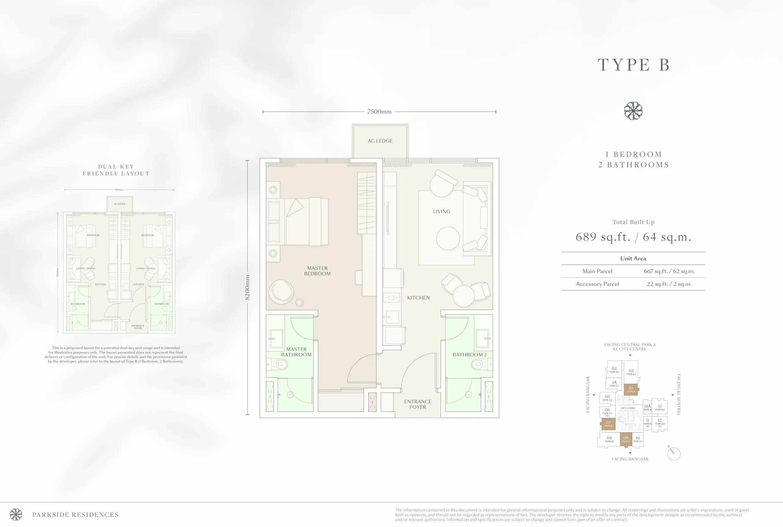 Parkside Residences @ Setia Federal Hill Type B floor plan, serviced apartment layout on Jalan Bangsar, Kuala Lumpur