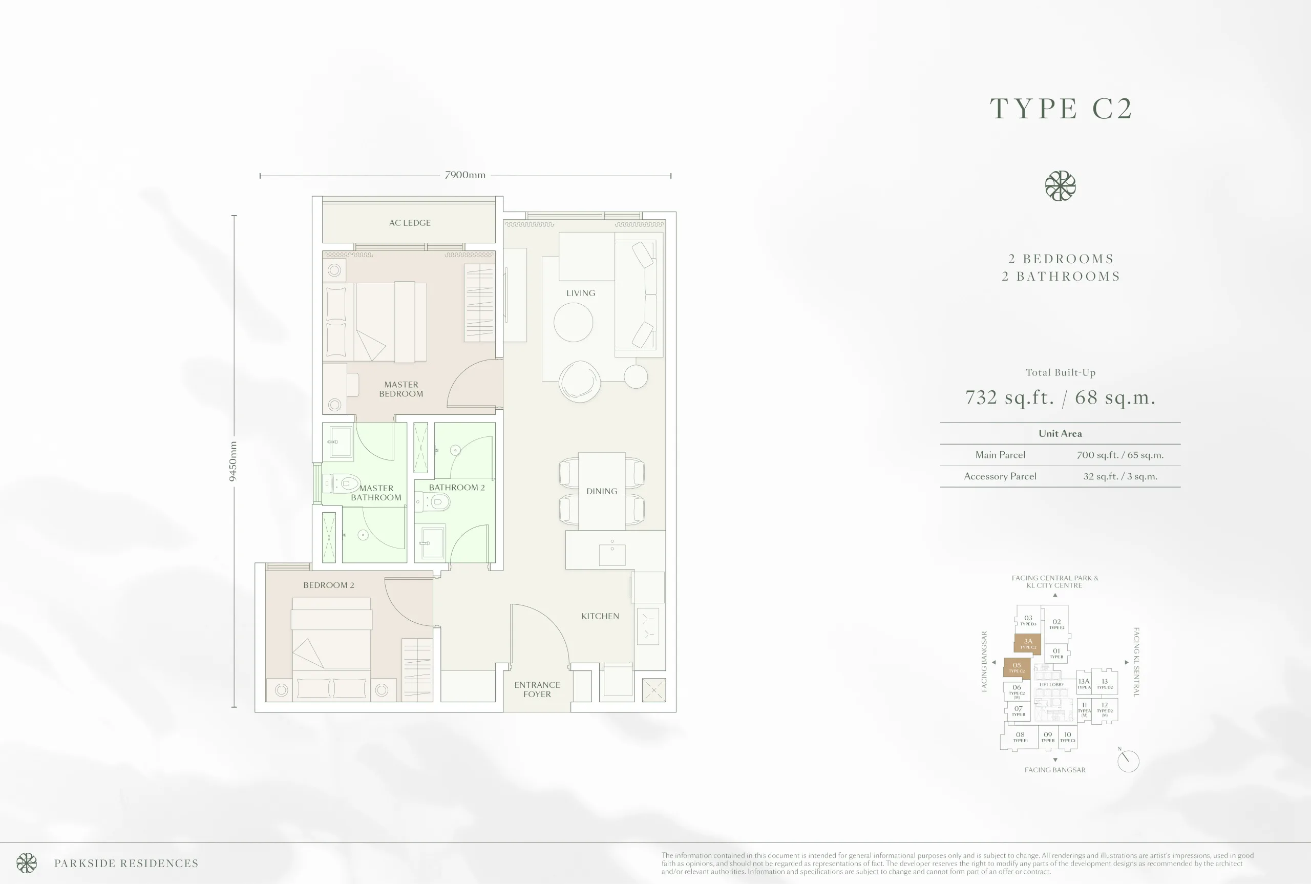 Parkside Residences @ Setia Federal Hill Type C2 floor plan, serviced apartment layout, Bangsar, Kuala Lumpur