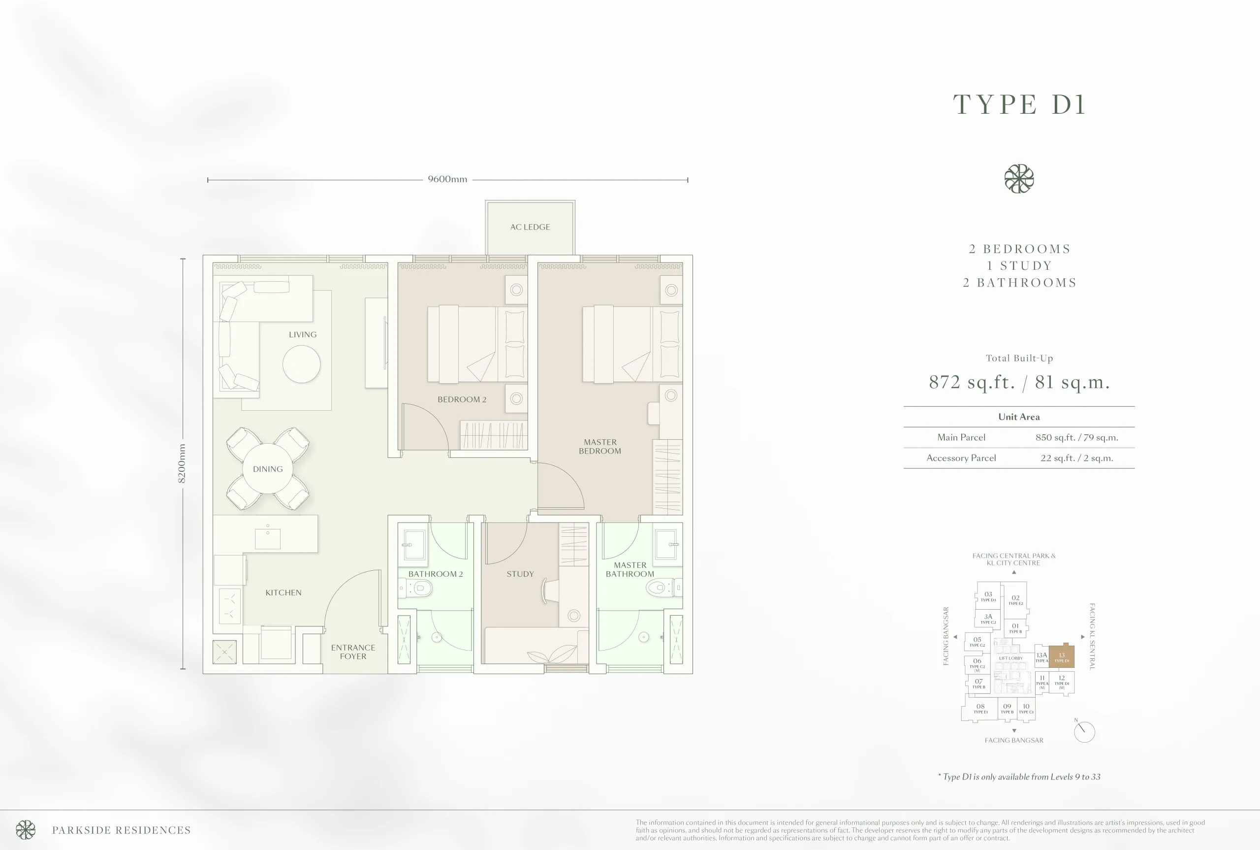 Parkside Residences @ Setia Federal Hill Type D1 floor plan, larger family layout, Jalan Bangsar, Kuala Lumpur