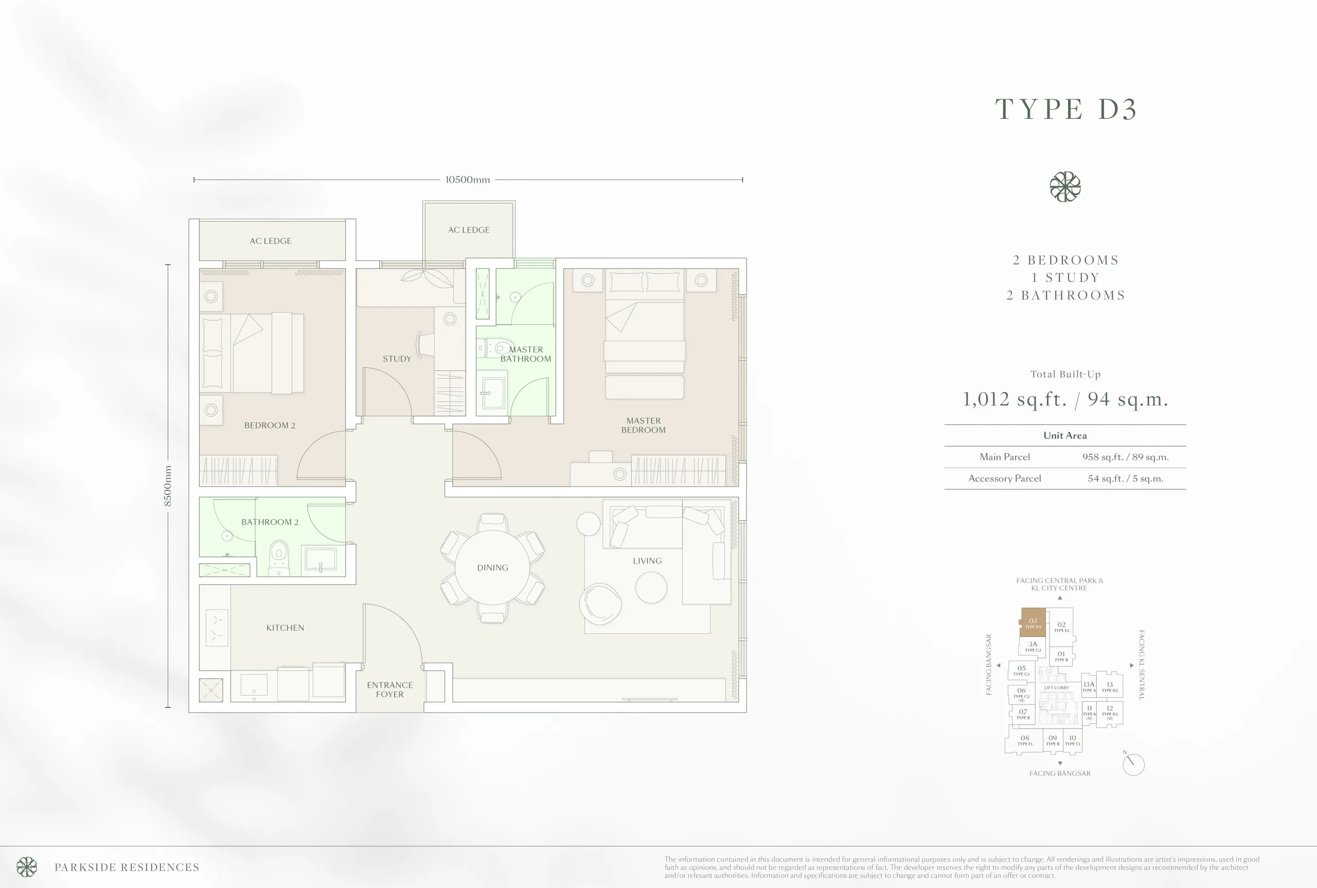 Parkside Residences @ Setia Federal Hill Type D3 floor plan, serviced apartment layout, Bangsar, Kuala Lumpur