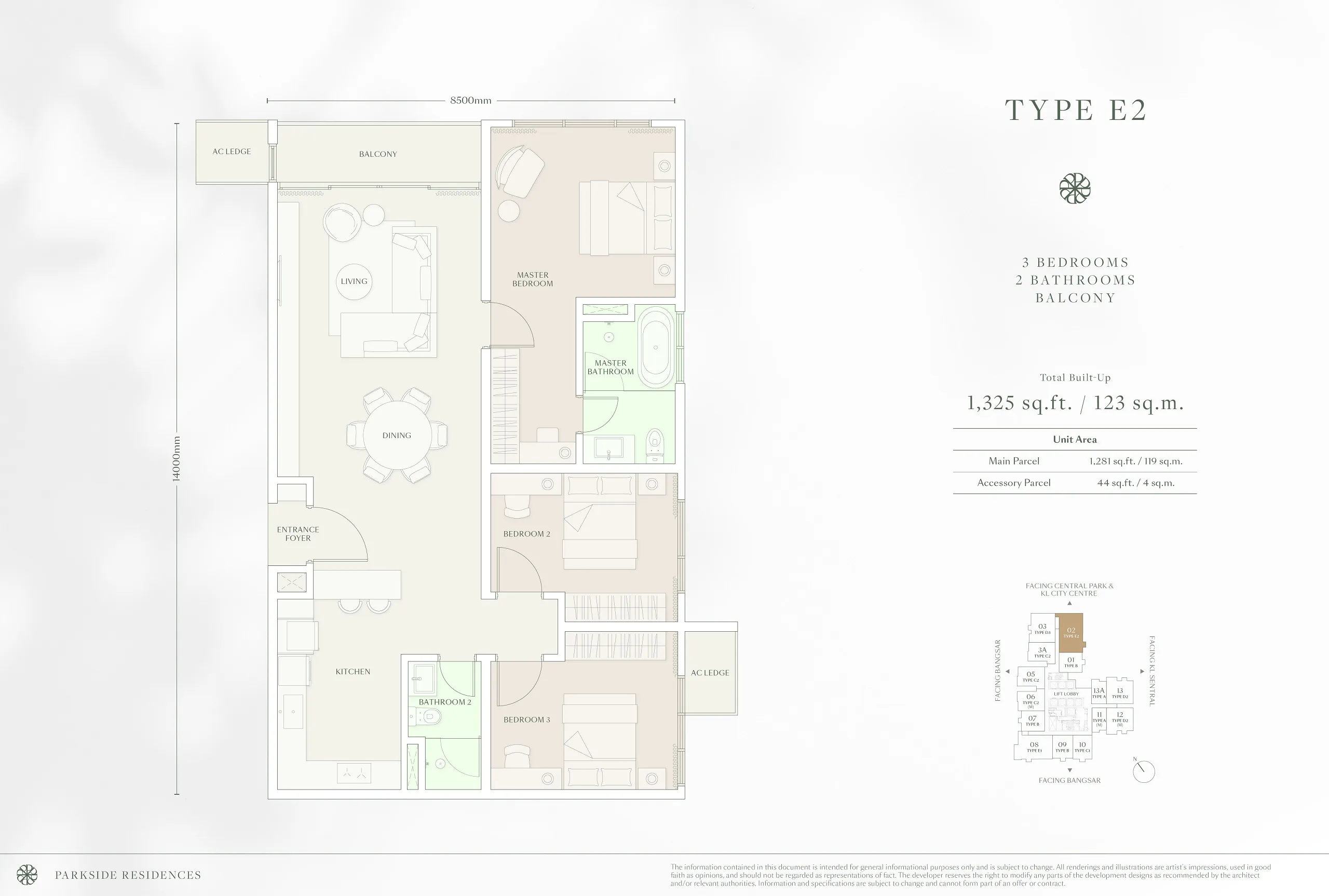 Parkside Residences @ Setia Federal Hill Type E2 floor plan, the largest published layout, Jalan Bangsar, Kuala Lumpur