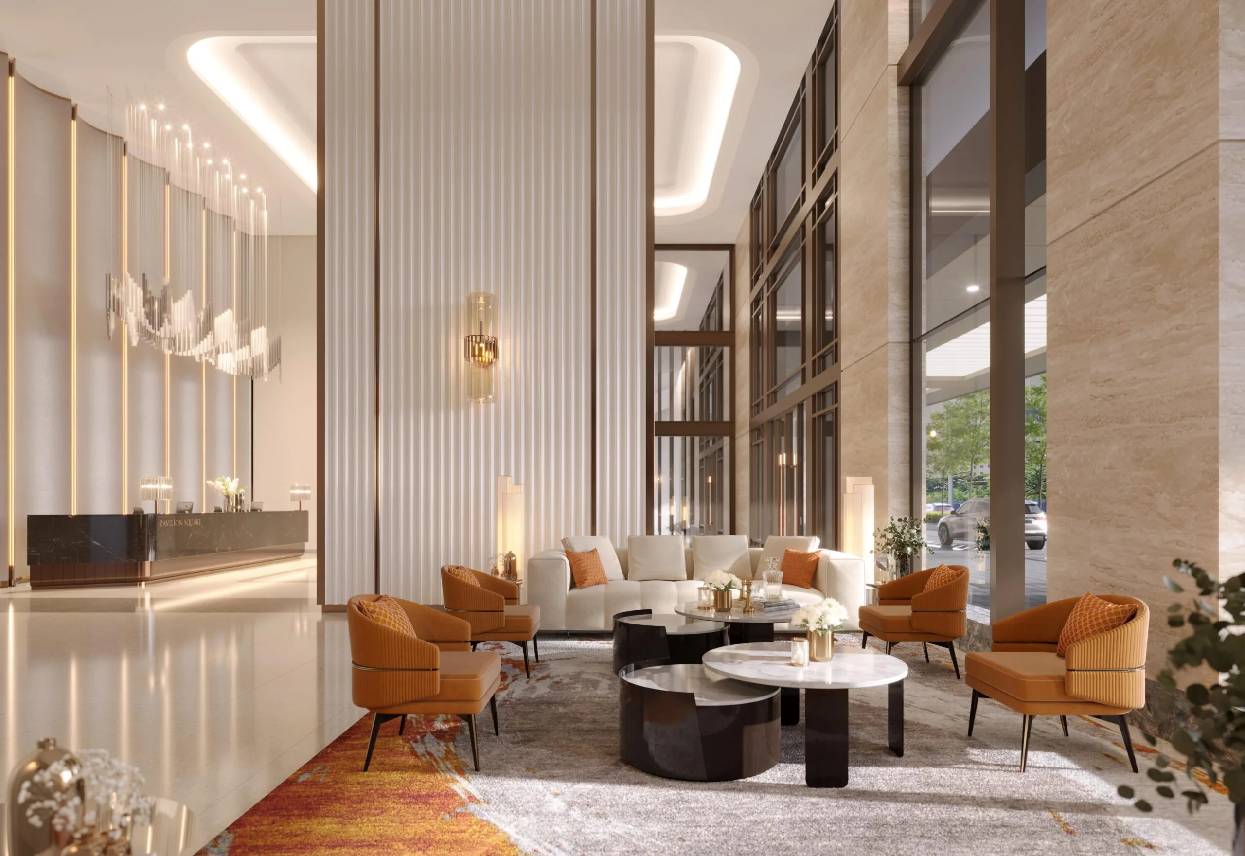 Pavilion Square Kuala Lumpur 住宅大堂，与办公塔楼入口分开设置