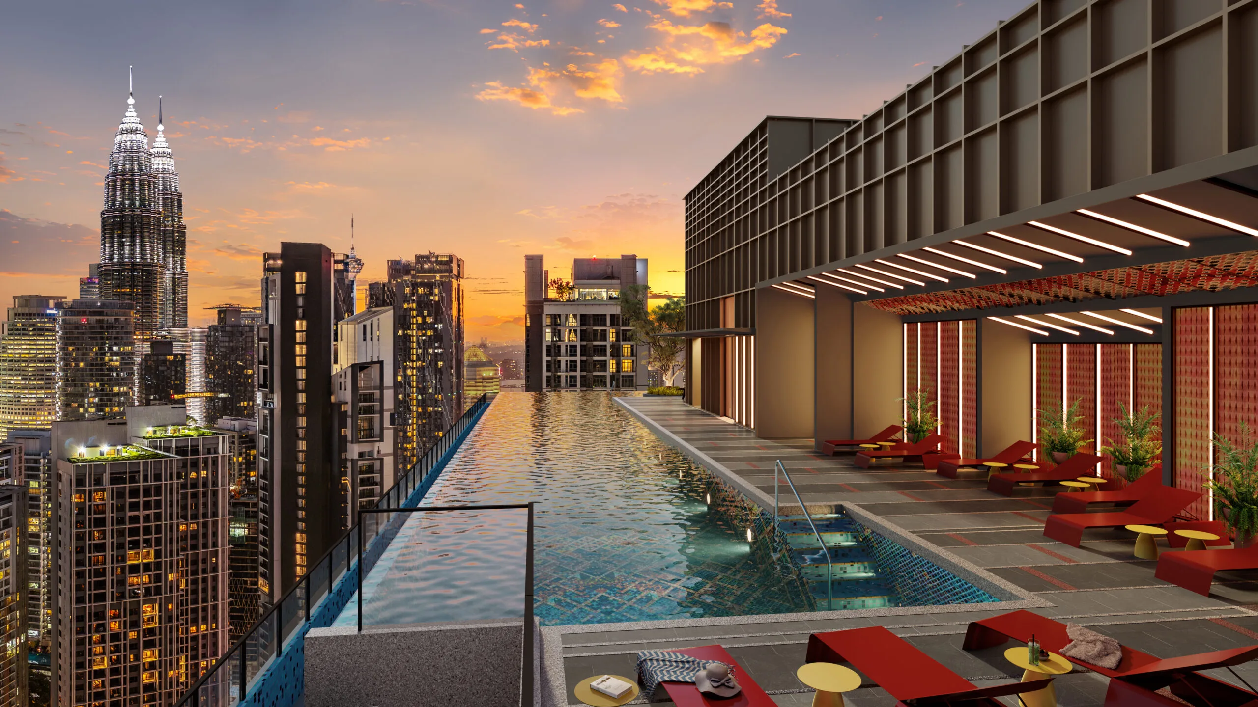 Swimming pool artist impression at Phoeniz Suites @ KLCC overlooking the Kuala Lumpur skyline