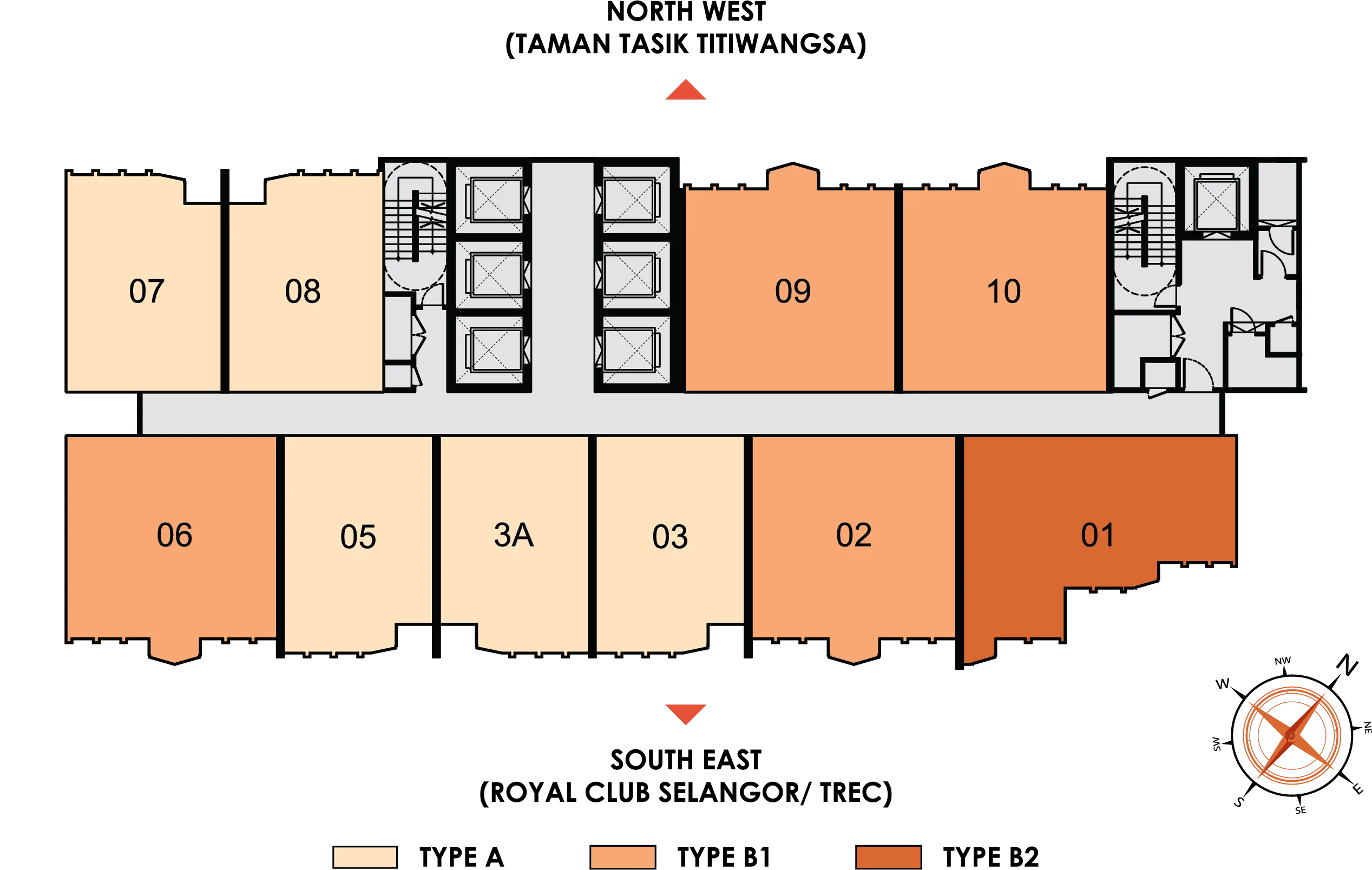 Typical floor plate published by EXSIM for Phoeniz Suites @ KLCC showing Type A and Type B positions
