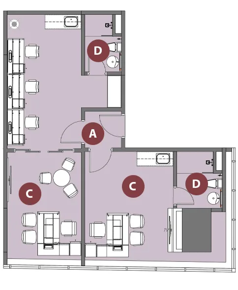 Type D floor plan, about 700 sq ft dual key at Platinum Premium Suites @ HCK Tower by HCK Capital Group, Empire City, Damansara Perdana, Petaling Jaya, Selangor