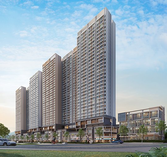 Overview of the Ponderosa Regency mixed commercial development showing all four towers and the strata shop offices, Taman Ponderosa, Johor Bahru