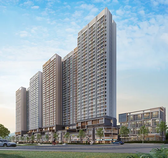 Overview of the Ponderosa Regency mixed commercial development showing all four towers and the strata shop offices, Taman Ponderosa, Johor Bahru