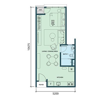 Ponderosa Regency Type A floor plan — 532 sq ft studio serviced apartment, Taman Ponderosa, Johor Bahru