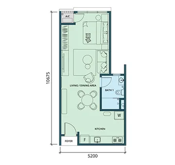 Ponderosa Regency Type A floor plan — 532 sq ft studio serviced apartment, Taman Ponderosa, Johor Bahru