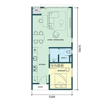 Ponderosa Regency Type A1 floor plan — 598 sq ft one-bedroom serviced apartment, Taman Ponderosa, Johor Bahru