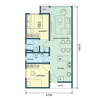 Ponderosa Regency Type B floor plan — 681 sq ft two-bedroom serviced apartment, Taman Ponderosa, Johor Bahru