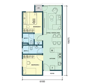 Ponderosa Regency Type B floor plan — 681 sq ft two-bedroom serviced apartment, Taman Ponderosa, Johor Bahru