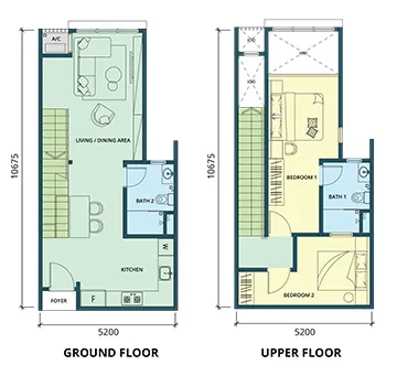 Ponderosa Regency Type C floor plan — 971 sq ft two-bedroom duplex serviced apartment on Levels 34 and 35, Taman Ponderosa, Johor Bahru