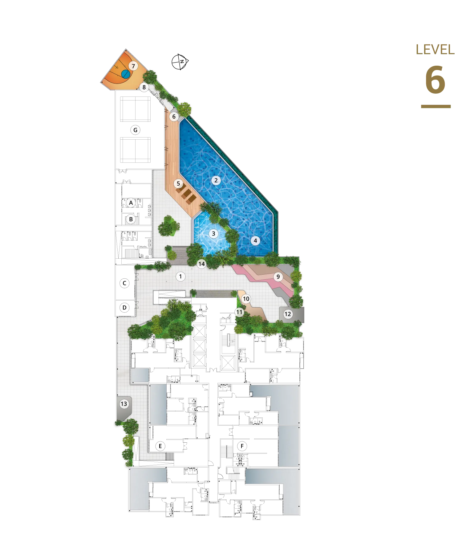 Quartz @ Queensville Level 6 facilities plan showing the 25-metre infinity pool, wading pool, jacuzzi, sports court and playground, Cheras