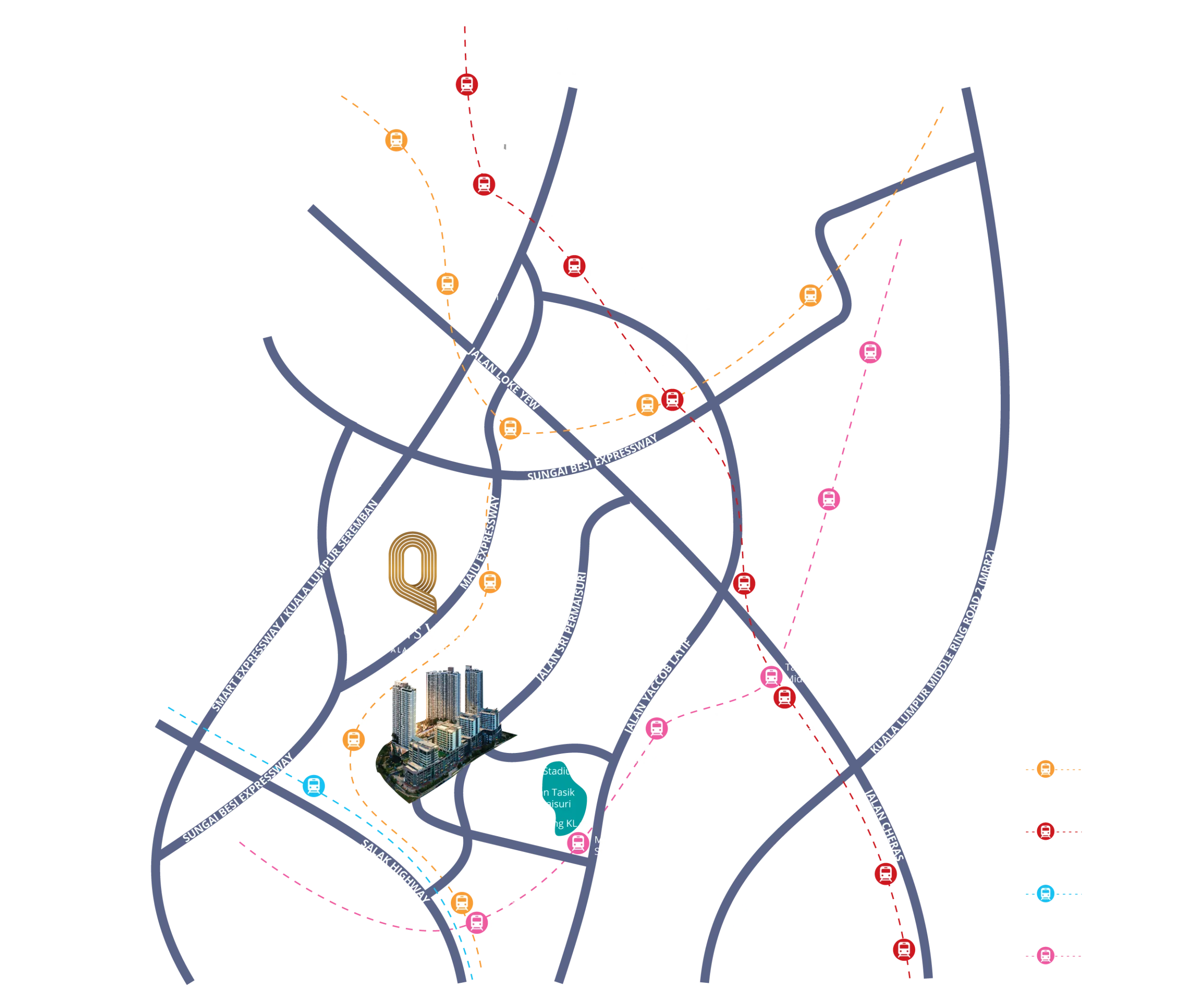 Quartz @ Queensville official location map showing Salak Selatan LRT and KTM, Cheras LRT and the surrounding expressways
