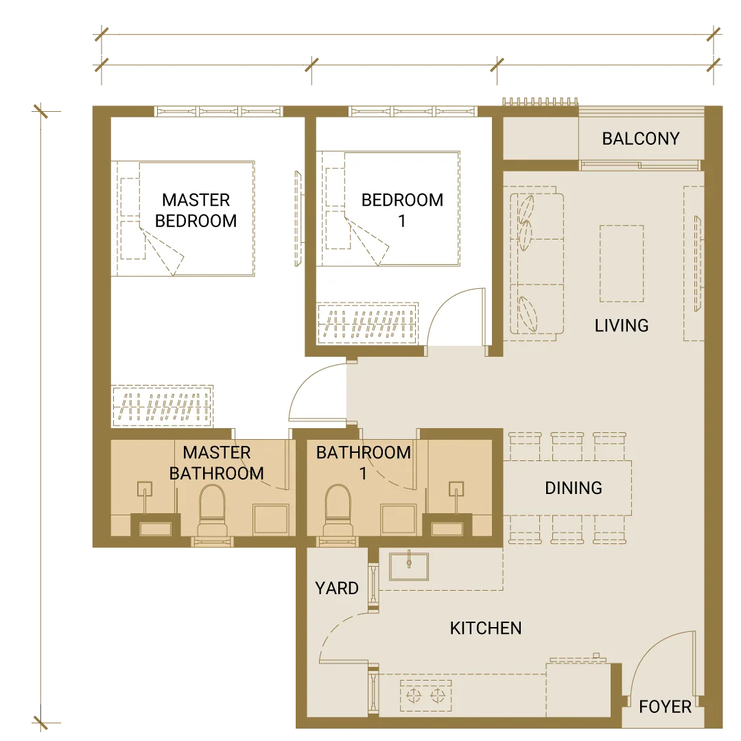 Quartz @ Queensville Type A floor plan — 702 sq ft, 2 bedrooms and 2 bathrooms, Bandar Sri Permaisuri, Cheras
