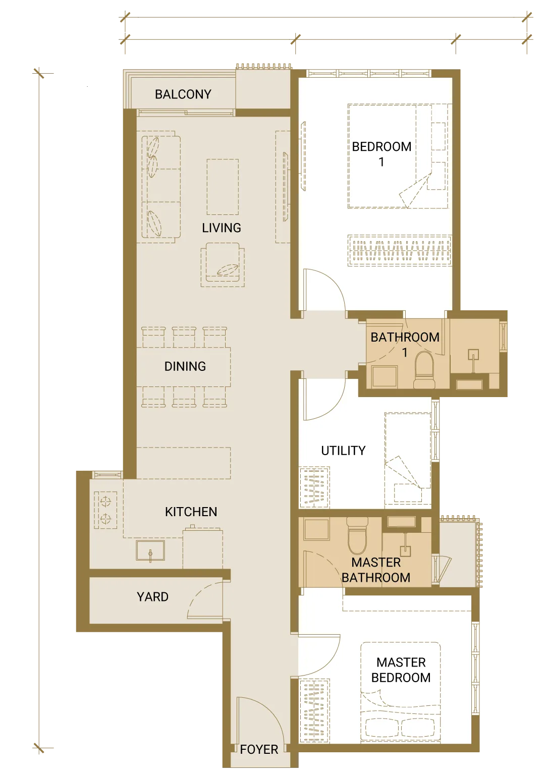 Quartz @ Queensville Type C floor plan — 877 sq ft dual-key, 2+1 bedrooms and 2 bathrooms, Cheras, Kuala Lumpur