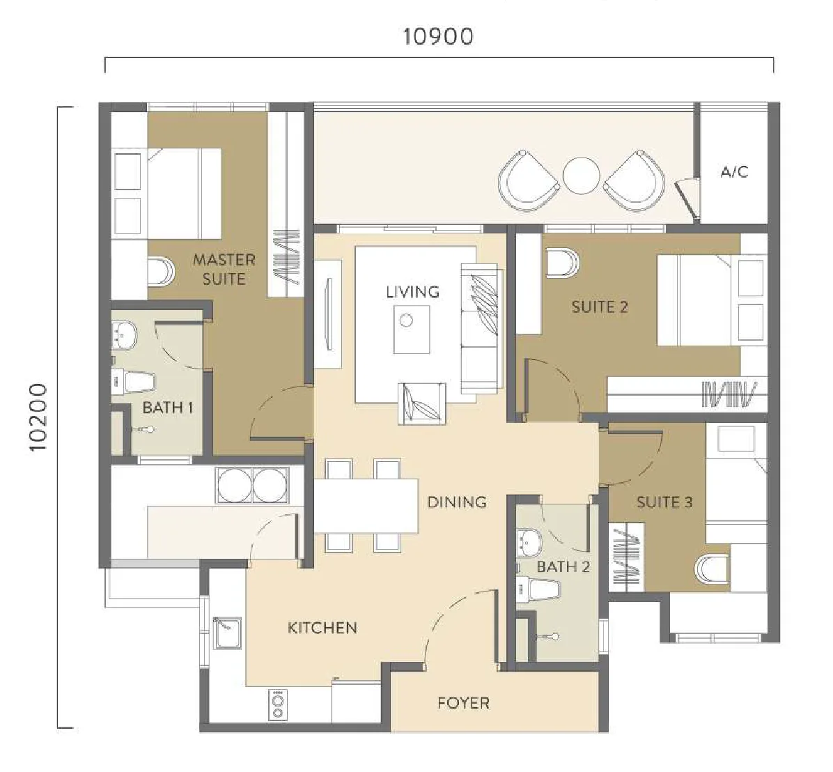 雪兰莪沙登 Quaver Residence(Simfoni Residensi)A 型户型图,1,110 平方尺三房