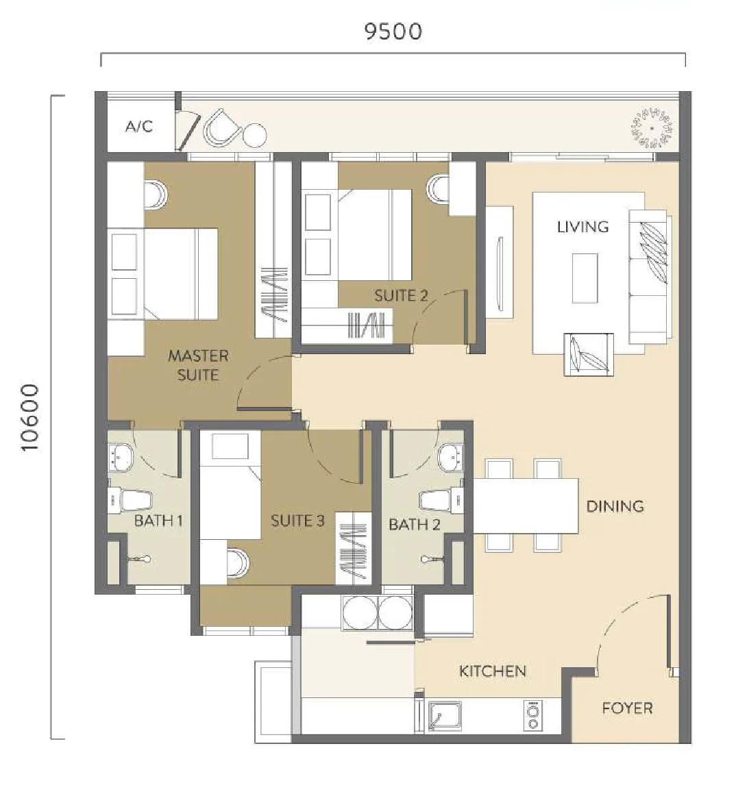 雪兰莪沙登 Quaver Residence(Simfoni Residensi)B 型户型图,1,023 平方尺三房