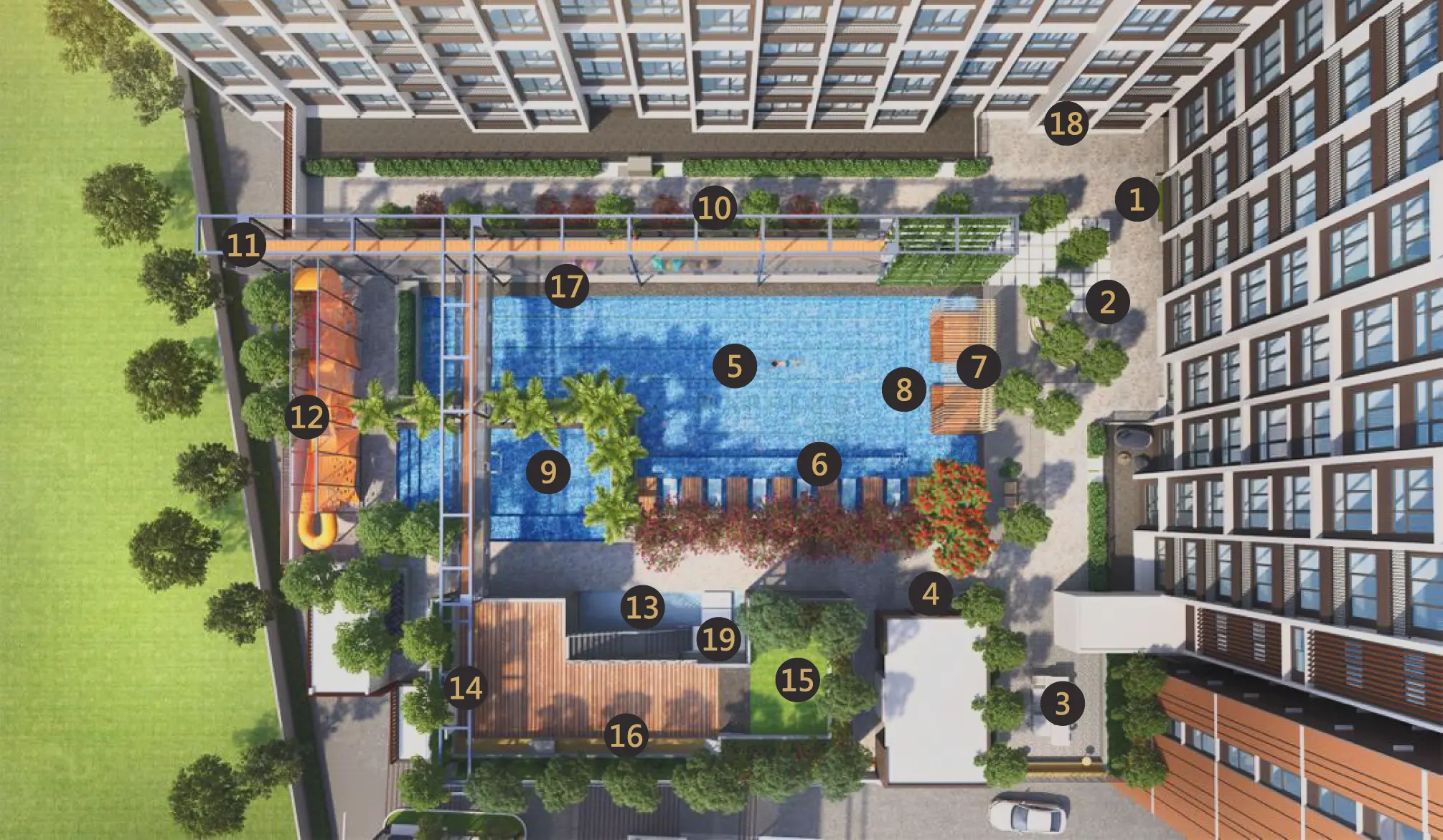 Numbered facilities site plan, 19 items at Raffles 188 by KBY Group, Jalan Kelab Golf, Taman Golf, Ipoh, Perak