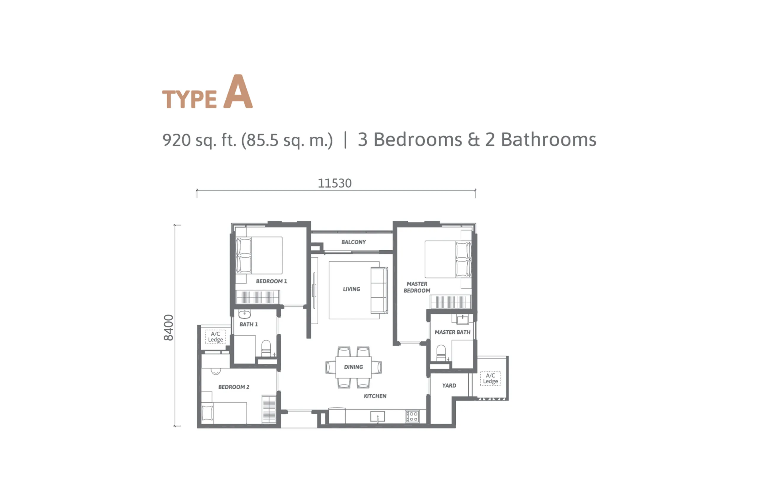 Type A layout at Ren Residence @ Bukit Jalil — the 920 sq ft three-bedroom plan, Kuala Lumpur