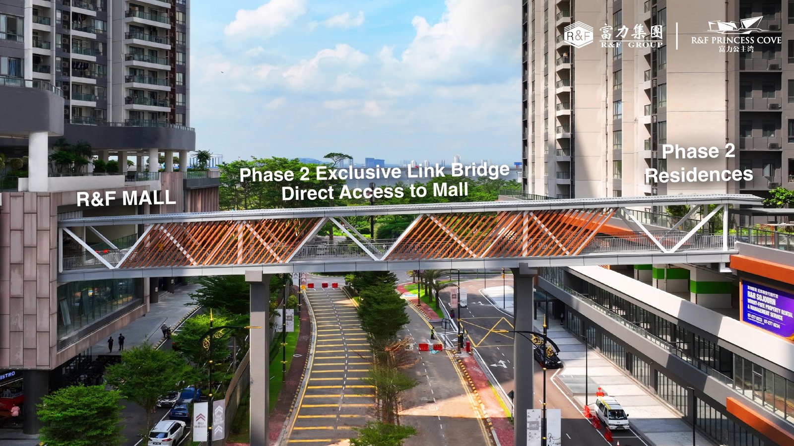 Card-access sheltered link bridge from R&F Princess Cove Phase 2 into R&F Mall, opened August 2024, Johor Bahru