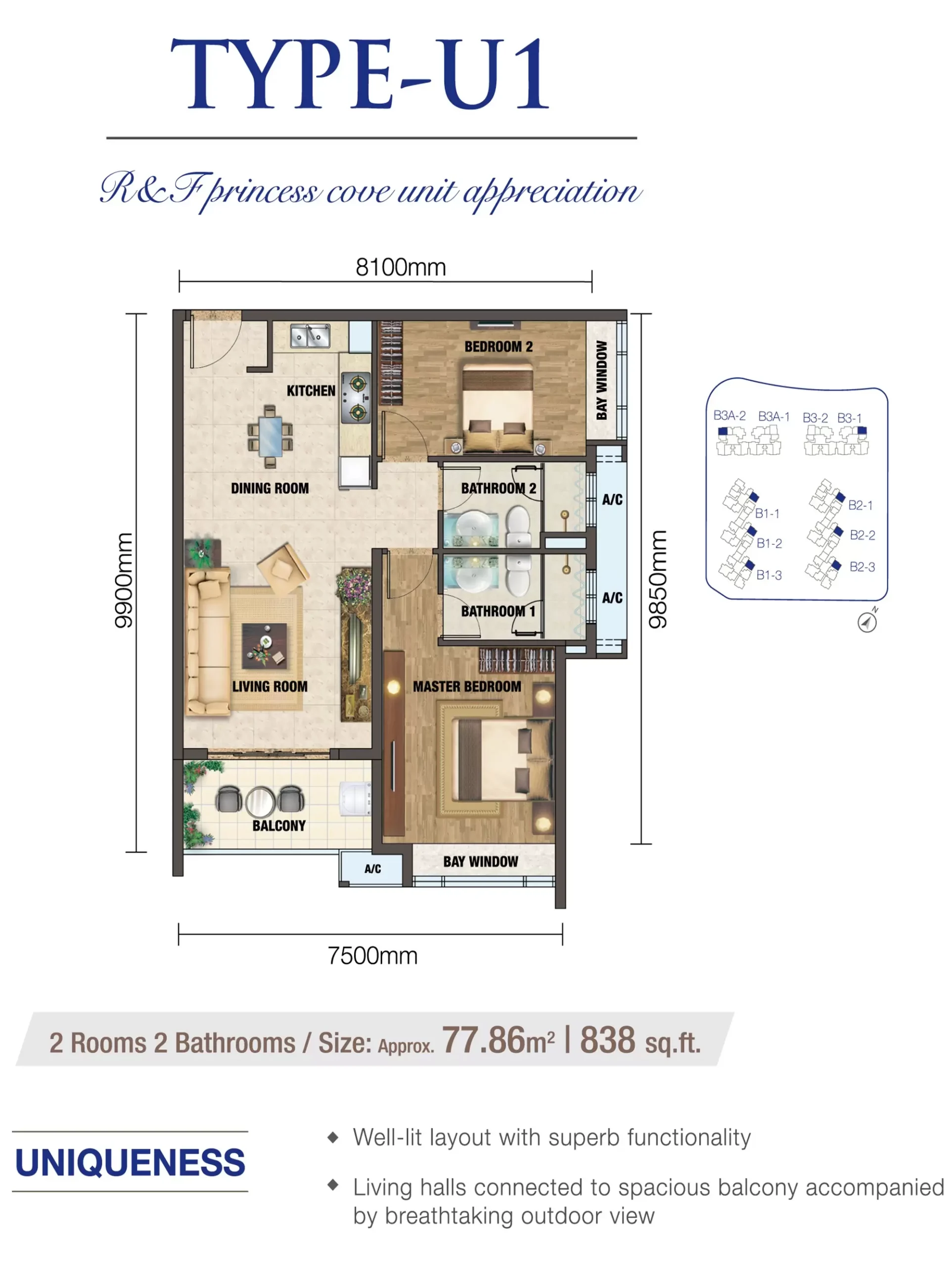 R&F Princess Cove Phase 2 Seine Region Type U1 floor plan — two-bedroom layout, Johor Bahru