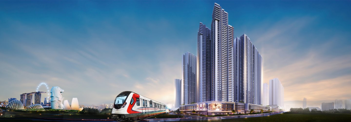 R&F Princess Cove Phase 3 New Casa Suites towers at dusk with the RTS Link train, Tanjung Puteri, Johor Bahru