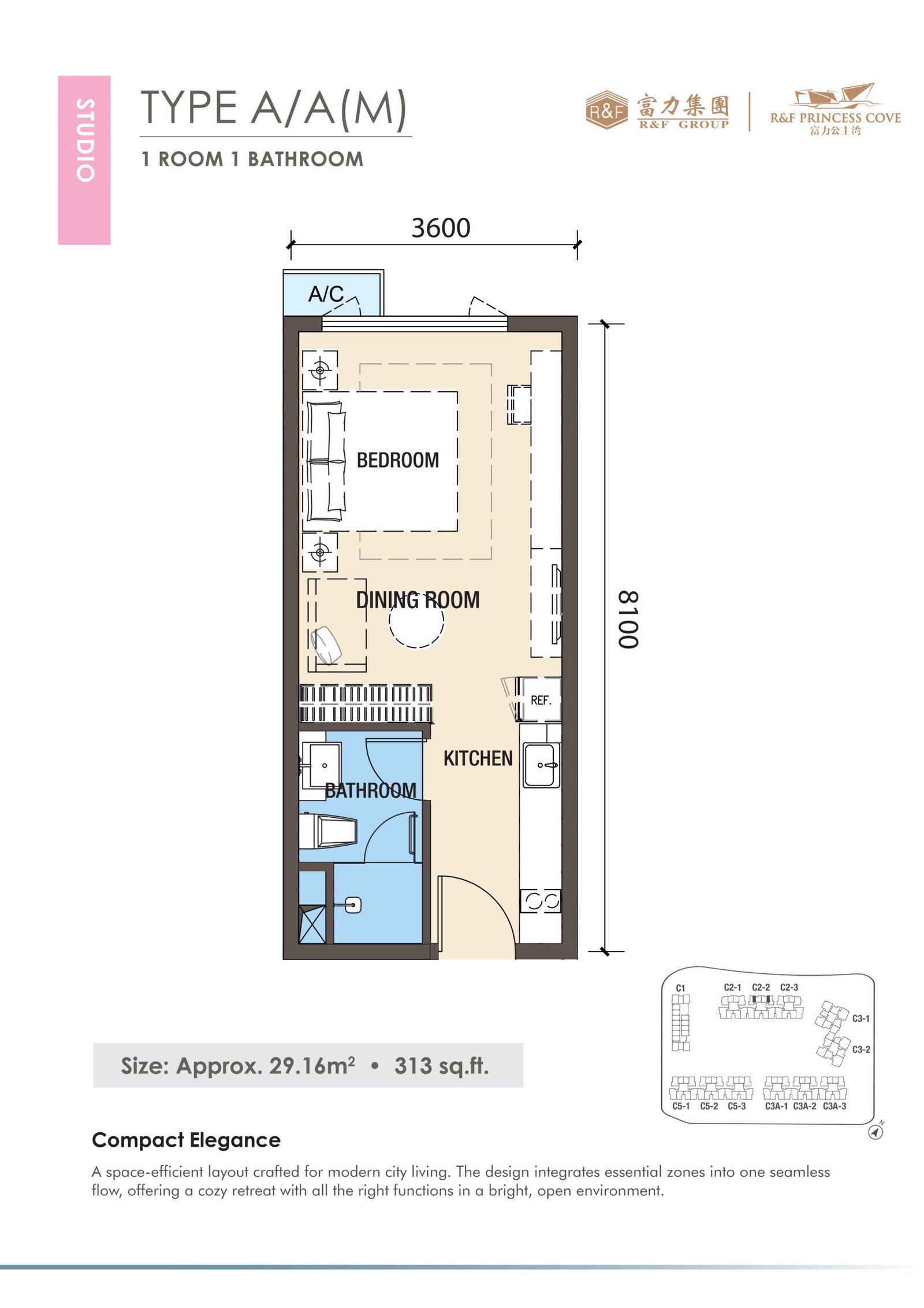 R&F Princess Cove Phase 3 Type A floor plan — 313 sq ft one-bedroom, Johor Bahru