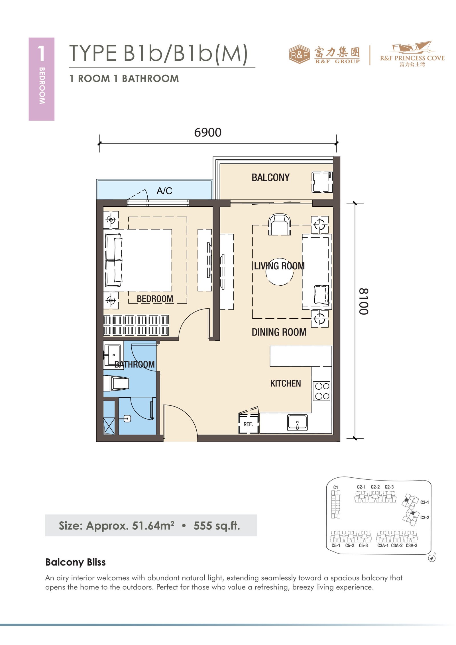 R&F Princess Cove Phase 3 Type B1b floor plan — 555 sq ft one-bedroom, Johor Bahru