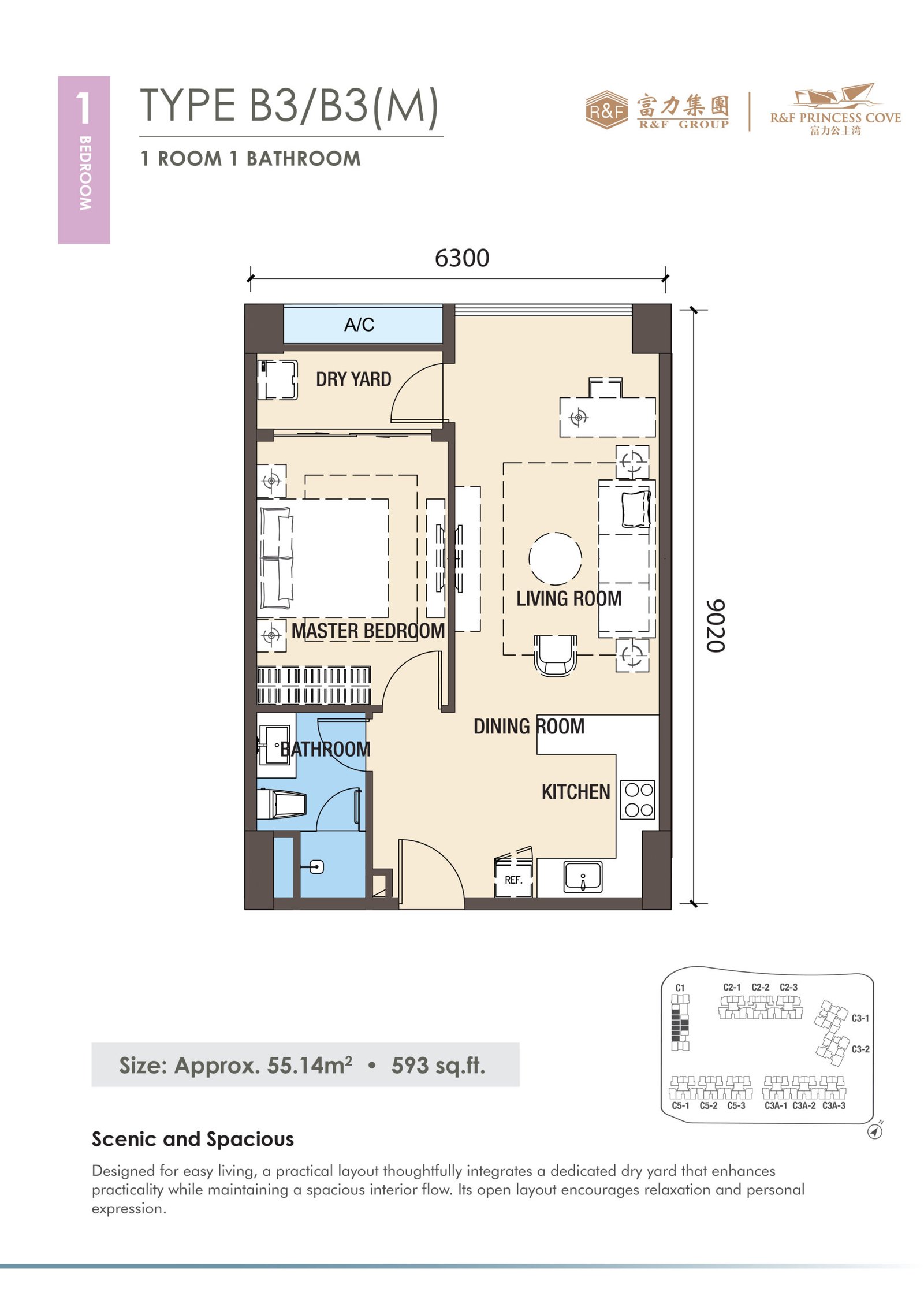 R&F Princess Cove Phase 3 Type B3 floor plan — 593 sq ft one-bedroom, Johor Bahru