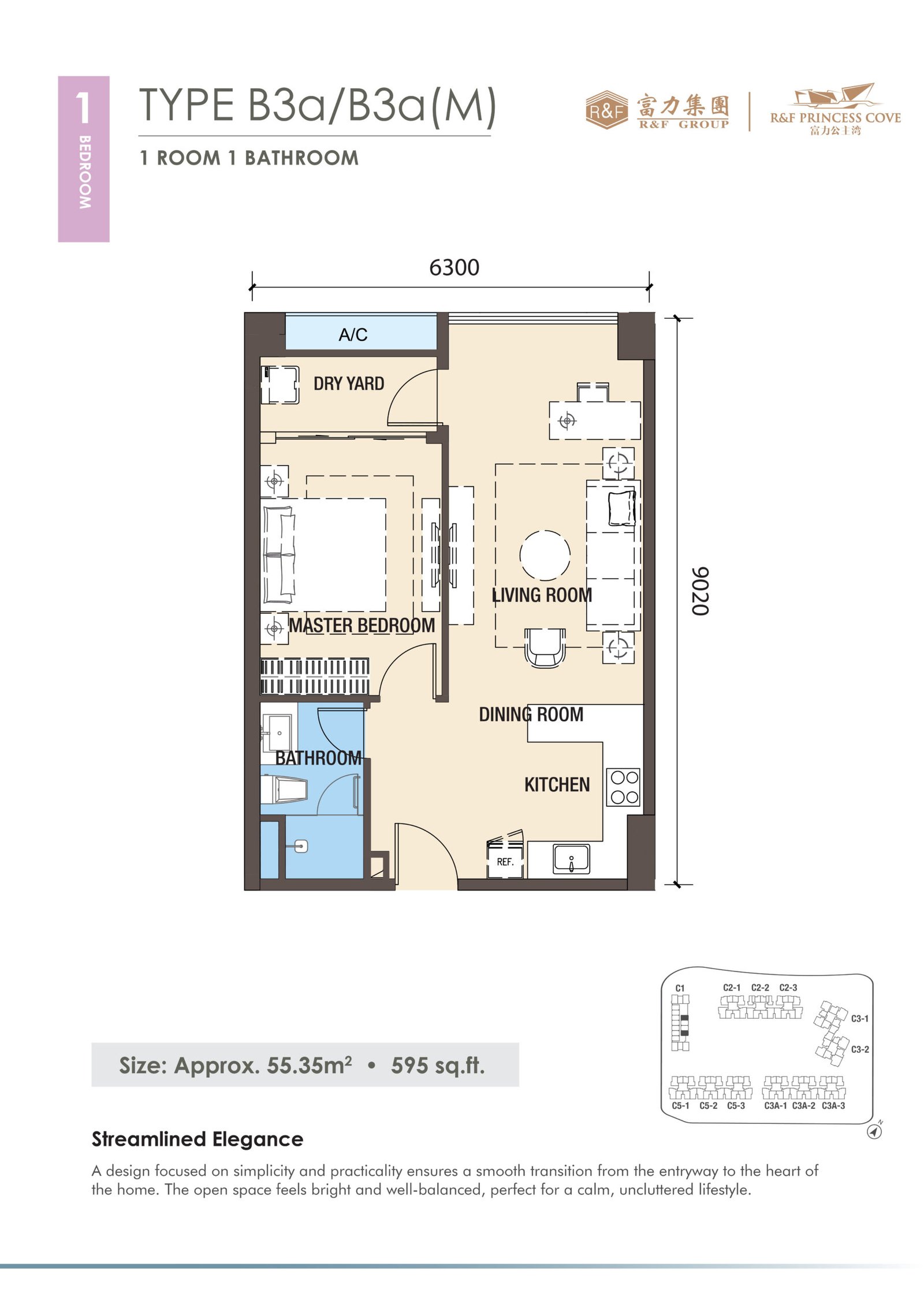 R&F Princess Cove Phase 3 Type B3a floor plan — 595 sq ft one-bedroom in Block C1, Johor Bahru