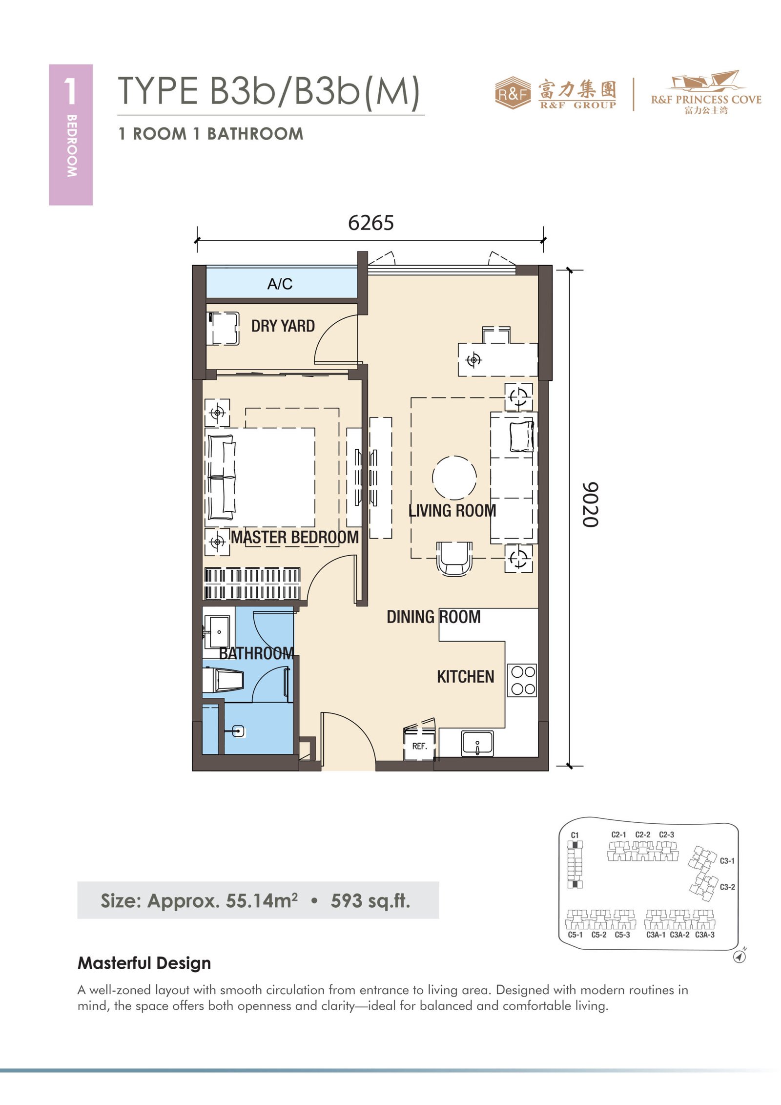 R&F Princess Cove Phase 3 Type B3b floor plan — 593 sq ft one-bedroom, Johor Bahru