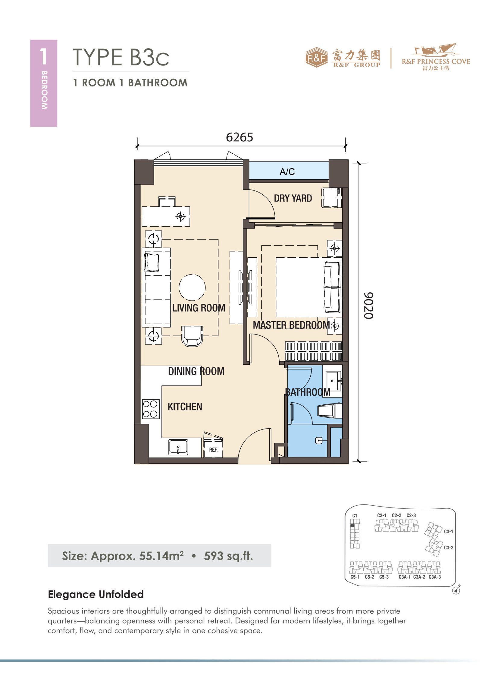 R&F Princess Cove Phase 3 Type B3c floor plan — 593 sq ft one-bedroom in Block C1, Johor Bahru