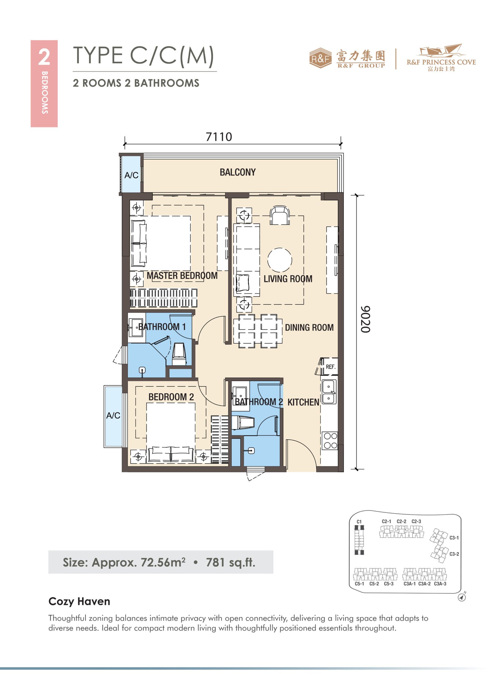 R&F Princess Cove Phase 3 Type C floor plan — 781 sq ft two-bedroom in Block C1, Johor Bahru