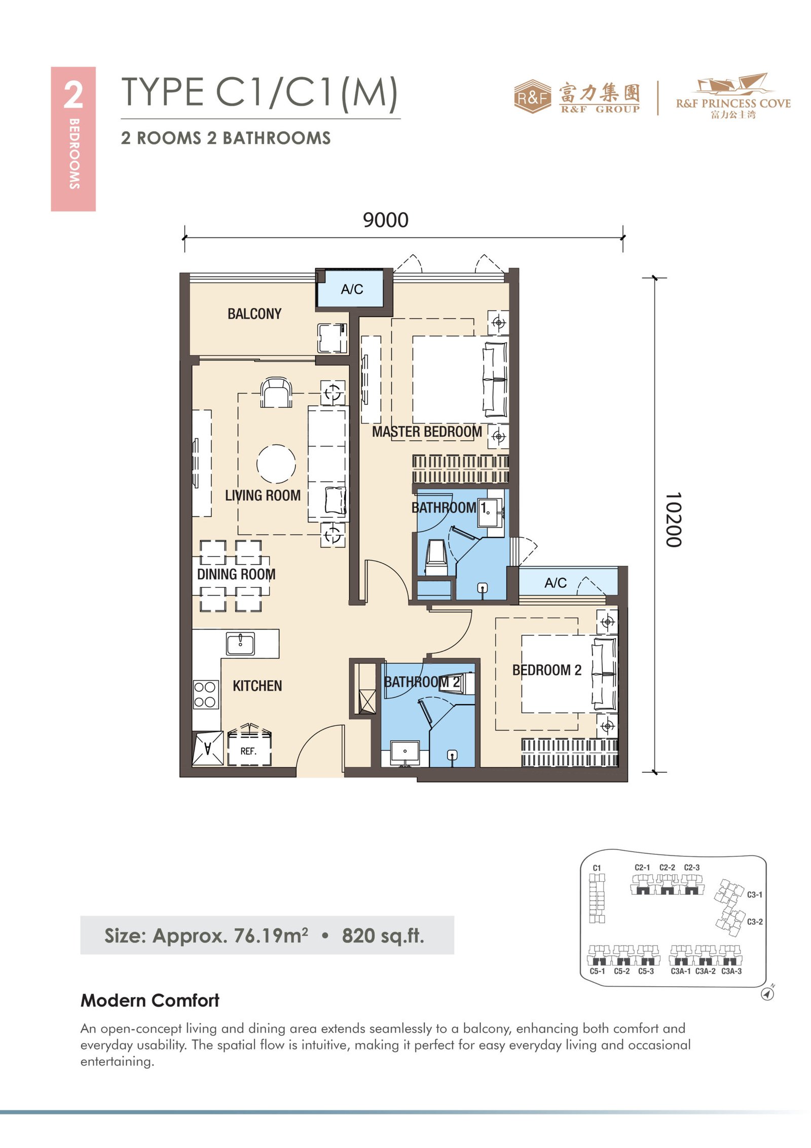 R&F Princess Cove Phase 3 Type C1 floor plan — 820 sq ft two-bedroom, Johor Bahru