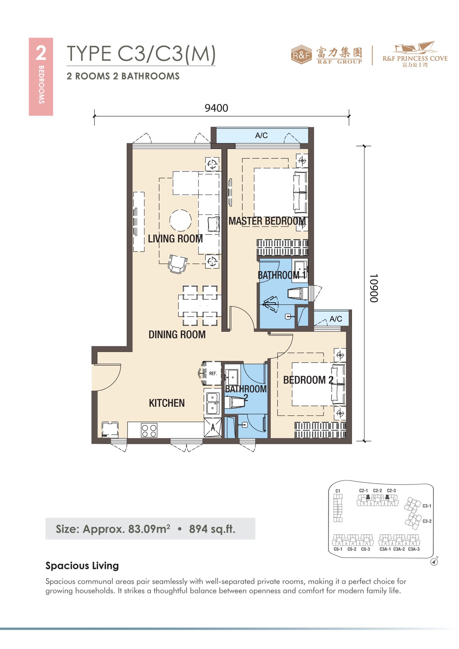 R&F Princess Cove Phase 3 Type C3 floor plan — 894 sq ft two-bedroom, Johor Bahru